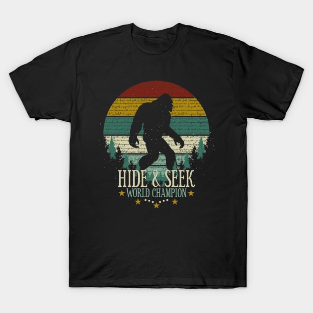 Hide and Seek World Champion Retro Vintage Bigfoot Sunset T-Shirt by Tesszero